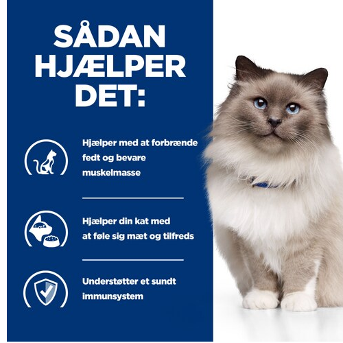 En kat med blå baggrund og hvid tekst. Teksten promoverer Hill's Prescription Diet r/d Weight Reduction, en specialiseret diæt til katte, der sigter mod vægttab.