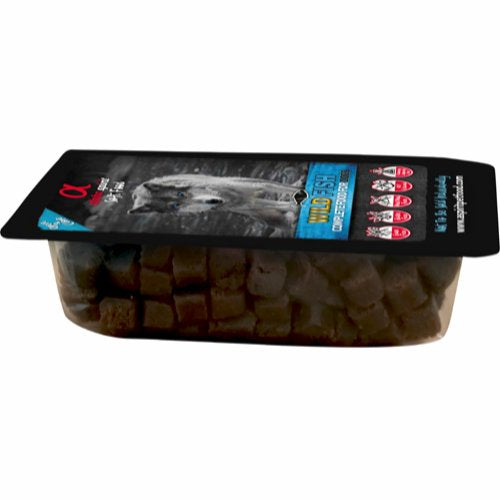 En pakke med Hundefoder, fisk, i portionspakker 200g, kan også bruges som træningsgodbidder! semi bløde Alpha Spirit, kornfri hundefoder i plastikbeholder, specielt formuleret til hunde med fiskeallergi.