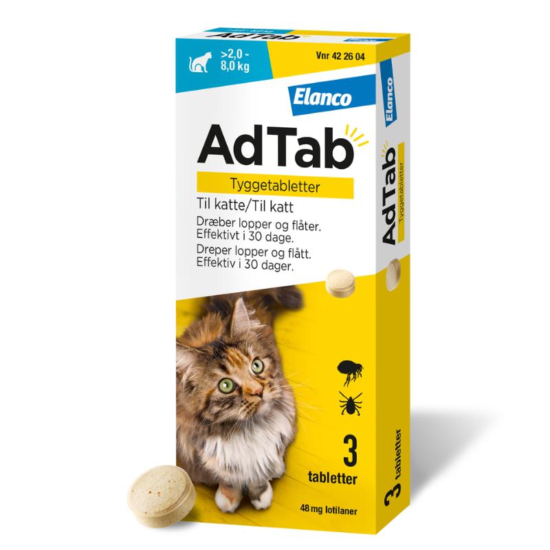 AdTab piller mod lopper og flåter til kat 2-8 kg - 48 mg - 3 tyggetabletter