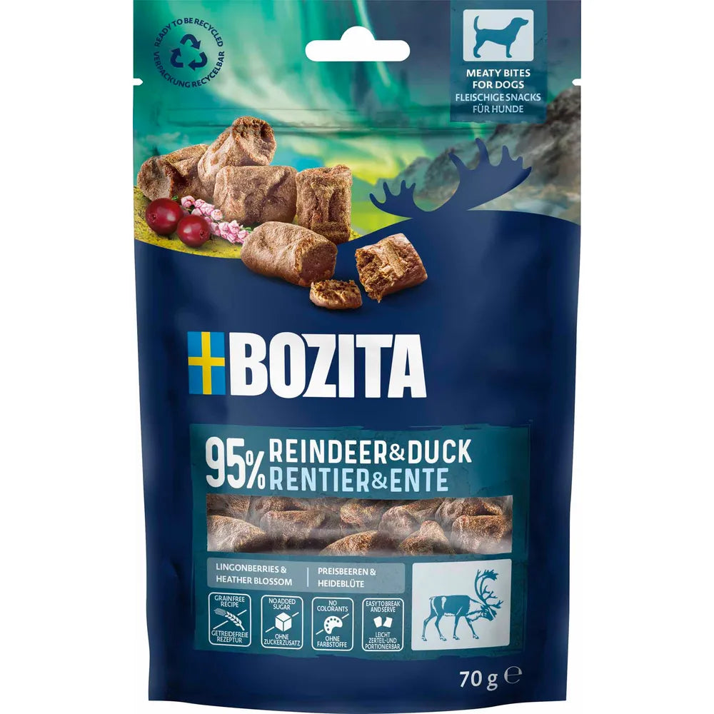 Bozita Meaty Bites med rensdyr og and 70 g - Svenske kornfri hundegodbidder