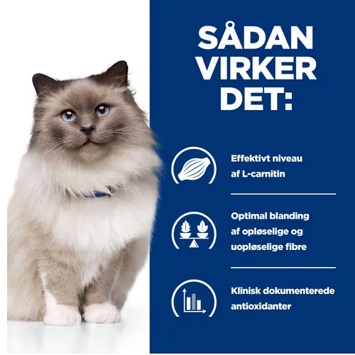 Sådan virker Hills Prescription Diet r/d Weight Reduction tørfoder til katte med kylling til vægttab hos katte.