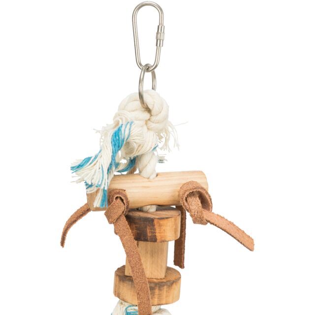 Et Fugle legetøj, med træ og læder 35cm fra Trixie med et reb fastgjort til, lavet af flammetræ og andre naturmaterialer.