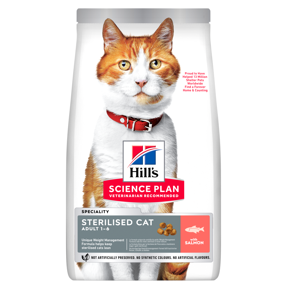 Hills Sterilised kattemad til katte fra 6 mdr til 6 år fås med Kylling, Laks eller And