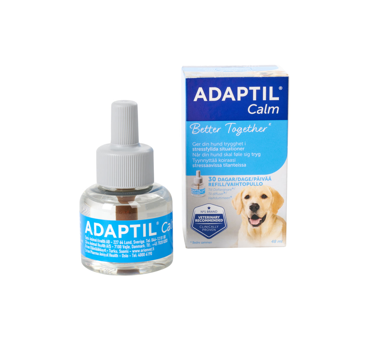 ADAPTIL calm Nytår, Køresyge - Feromoner til hunde/hvalpe, Adaptil til stik kontakten er et 10ml D.A.P produkt specielt designet til hunde. Den indeholder feromoner, som hjælper med at skabe et trygt og sikkert miljø for dem.