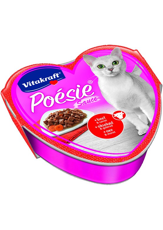 En dåse Vådfoder i sauce til kat, Poésie fra Vitakraft, i hjerteform, fyldt med lækre kødstykker og en velsmagende sauce.