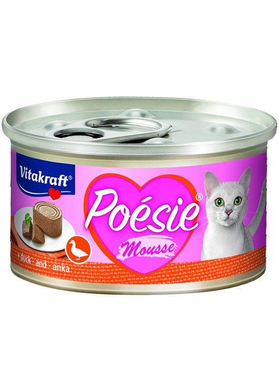 En dåse Vådfoder, Mousse til katte, Poésie fra vitakraft med en kat på.