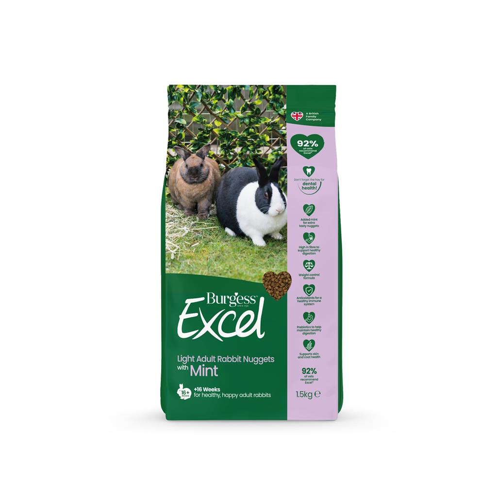 En pose Kaninfoder Burgess Excel, Light Mint med to kaniner på, perfekt til kaninejere på udkig efter kalorieindhold og vægtkontrol.