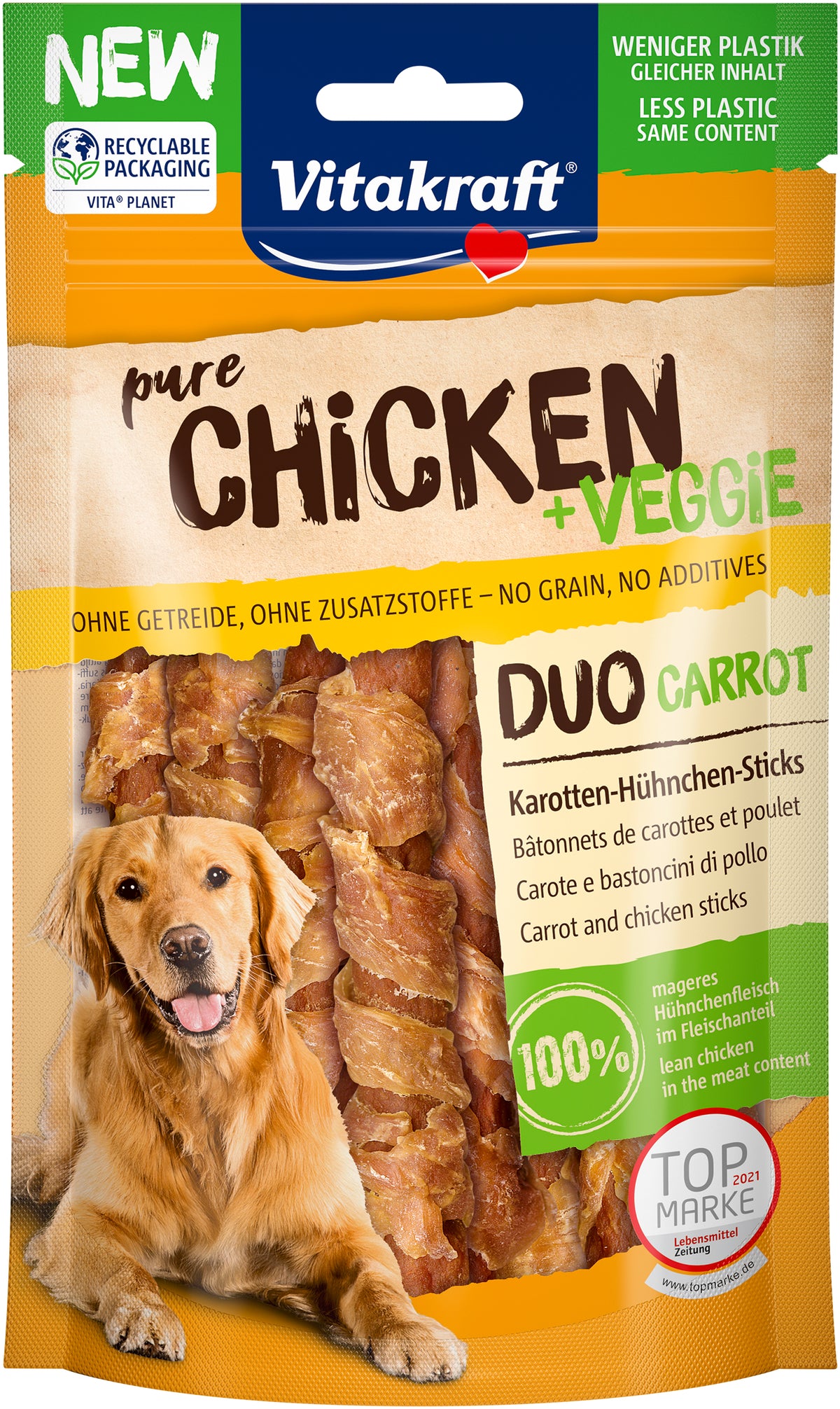 Vitakraft Chicken + Veggie - Hundegodbidder, Lækker tørret Kylling, snoet om gulerodsstænger
