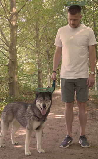 En mand, der spiller frisbee med en hund, bruger Høm Høm hundeposer, miljøvenlige fra PoopyGo 300 poser fra mærket PoopyGo.