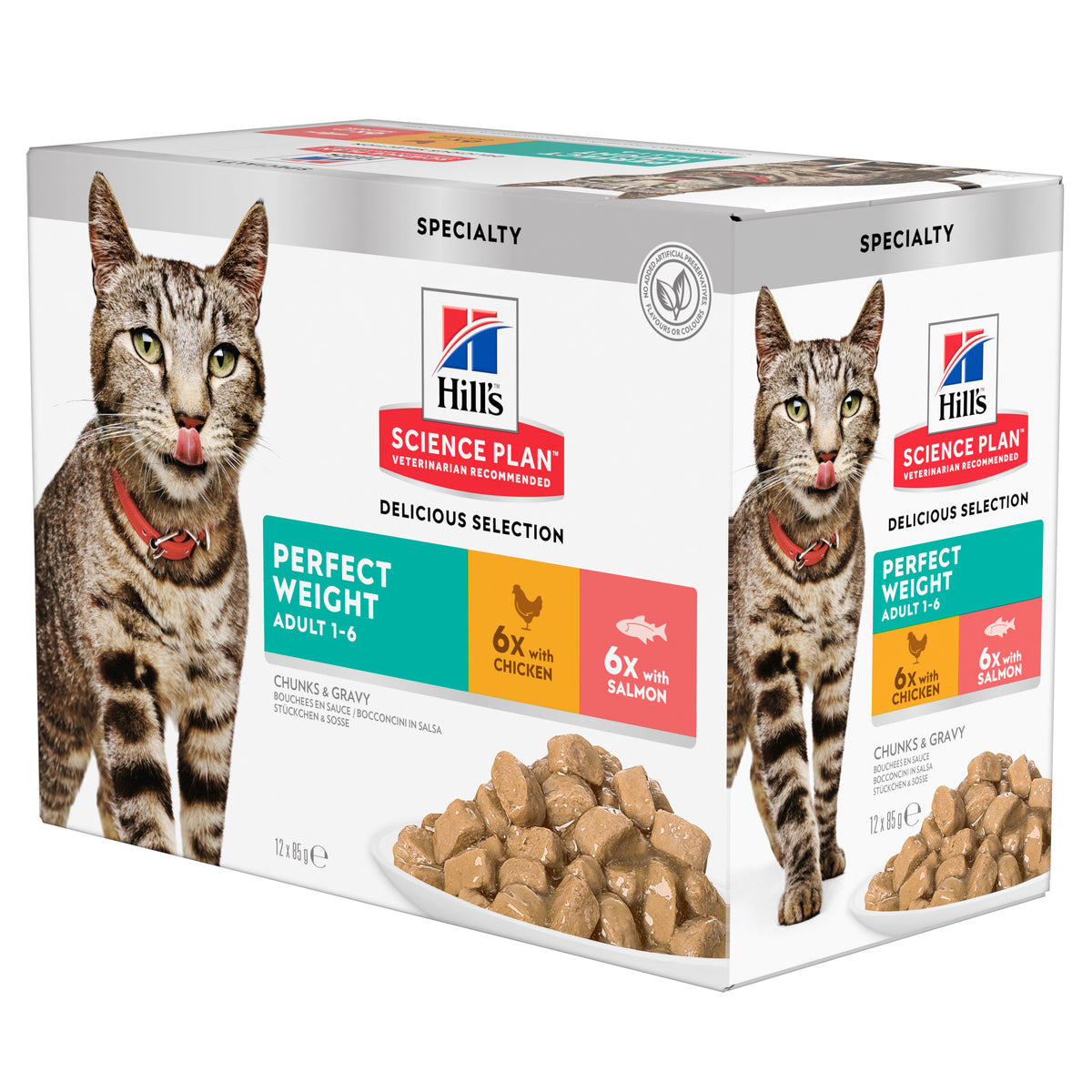 Hills Perfect Weight vådfoder til voksne katte i sovs med laks og kylling - Multipack