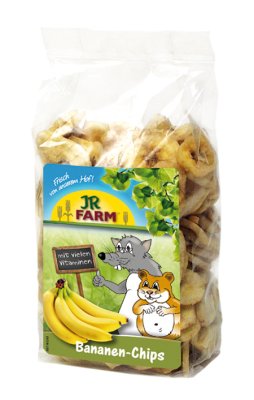 En pose Gnaversnacks fra JR farm Bananchips fra JR Farm på hvid baggrund.