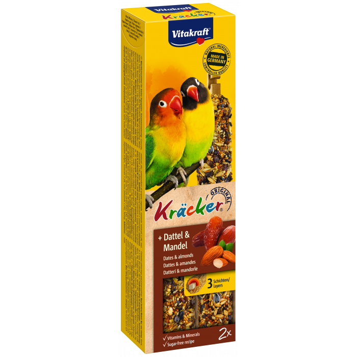 En snackboks til fugle med to Kräcker® lækre frøstænger til dværgpapegøjer, 2-pak (nødder) snacks med fugledesign. Mærkenavn: Vitakraft