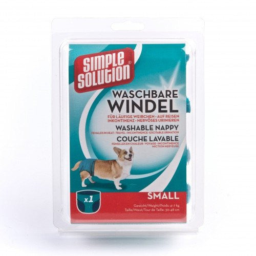 En pakke med Simple Solution Løbetidsbukser, God kvalitet, rigtig god pasform! til små hunde, inklusive hundens form og velcro'en komponenter, designet til nem løsning til at styre en hunds varmecyklus.