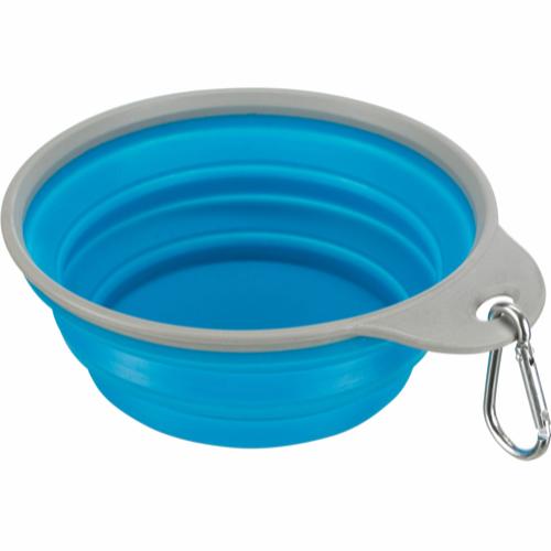 En Trixie Rejseskål, sammenfoldelig til hund på tur med karabinhage, der er lavet af silikone, perfekt til både mad og vand på farten.